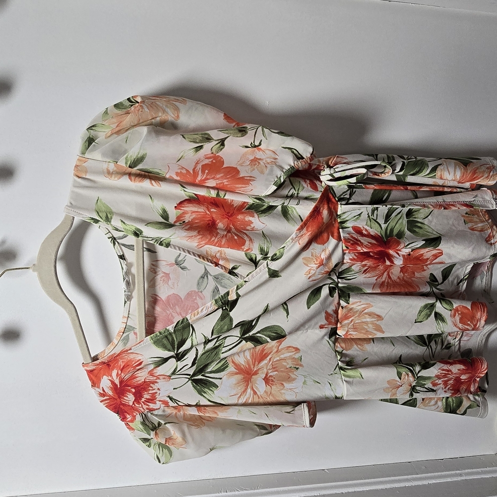 White and Orange Ruffled Blouse with Tie Front